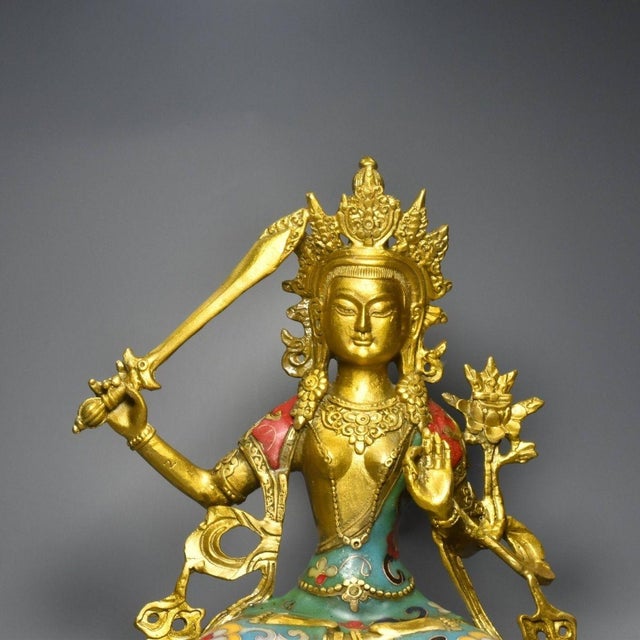 Metal Late 19th Century Cloisonné Enamel Manjushri Bodhisattva Statue, 1.15kg For Sale - Image 7 of 9