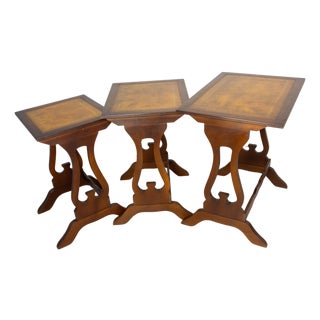 Vintage Poplar Nesting Tables with Top Recovered of Leather, 1960s, Set of 3 For Sale