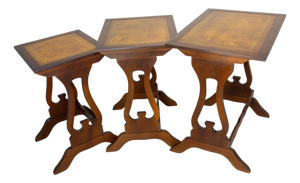 Vintage Poplar Nesting Tables with Top Recovered of Leather, 1960s, Set of 3
