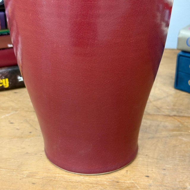 Glazed Apple Red Ceramic Vase with Skinny Mustard Green Neck For Sale In New York - Image 6 of 9