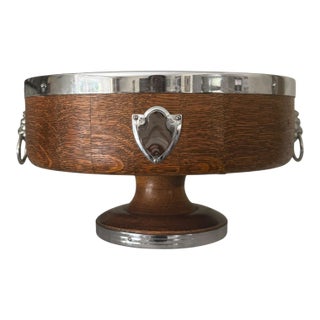 Vintage English Colonial Style Oak Pedestal Center Bowl With Lion Ring Handles For Sale