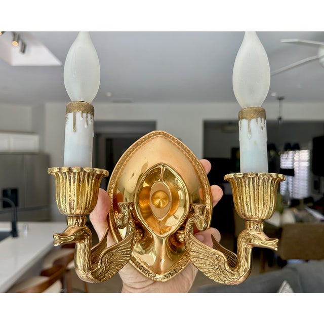 Pair French Empire Style Brass Swan Wall Sconces For Sale - Image 12 of 15
