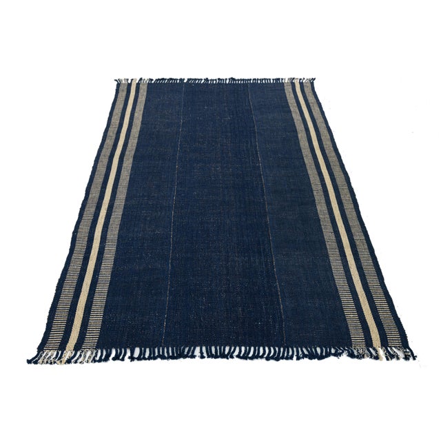 Modern Kilim Style Wool Rug – Hand-Knotted Indigo Blue & Cream Striped Flatweave For Sale - Image 4 of 11