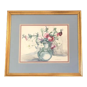 Original Vintage Impressionist Still Life Watercolor Painting Flowers in Vase Signed Robert Maris 1950’s