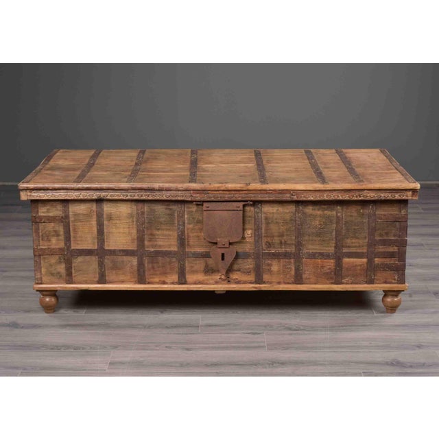 Wood 19th Century Large Anglo-Raj Iron-Bound Teak Trunk Table With Hinged Lid For Sale - Image 7 of 12