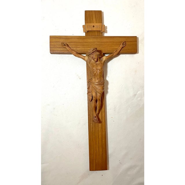Brown Antique Hand Carved Wood Religious Jesus Christ Crucifix Cross Sculpture God For Sale - Image 8 of 14