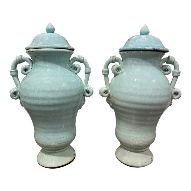 Pair of Large Turquoise Glazed Terracotta Urns With Lids For Sale