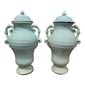 Pair of Large Turquoise Glazed Terracotta Urns With Lids