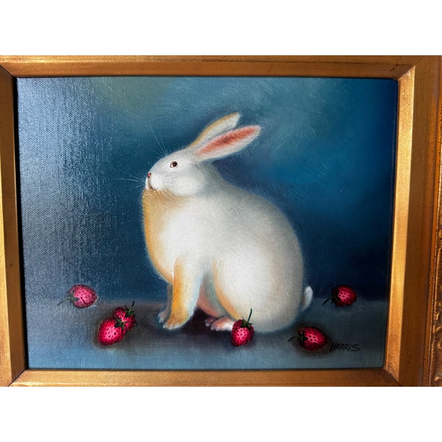 Surrealism 1990s Harris Signed Rabbit and Strawberries Painting, Framed For Sale - Image 3 of 7