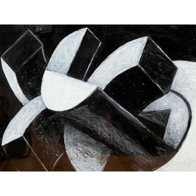 This is a remarkable 3D geometric piece by Christopher Mark Brennan. This oil artwork features tubular and semi-circle...