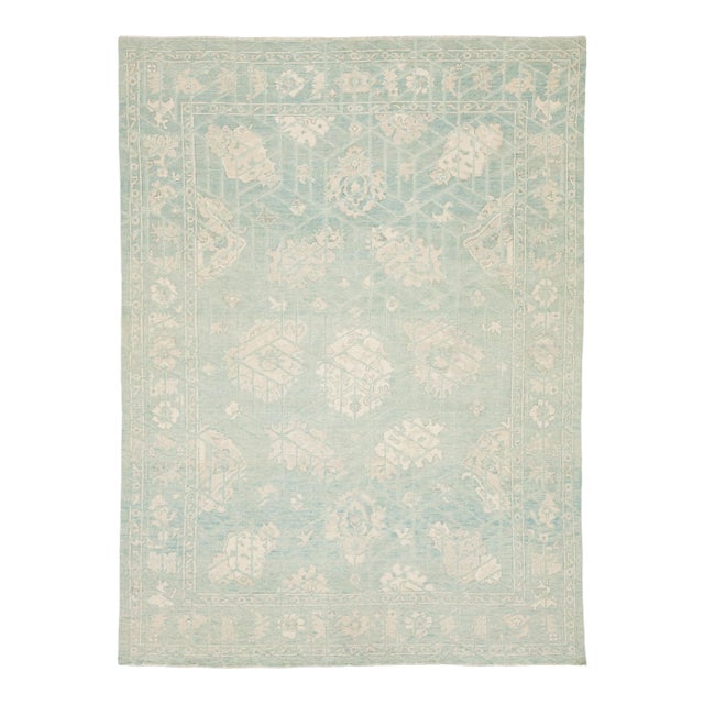 Modern Oushak Style Hand-Knotted Area Wool Rug – Seafoam & Ivory 9x12 For Sale