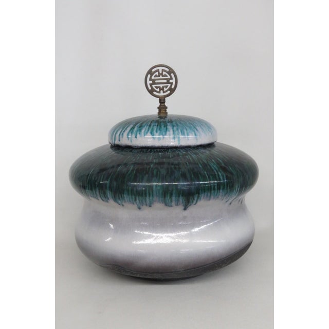 Tony Evans Raku Pottery Lidded Jar Drip Glaze Finish With Wood Display 4840b For Sale - Image 13 of 18