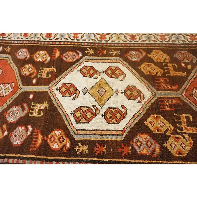 1930s Brown Geometric Tribal Antique Persian Kurdish Runner Carpet 3'10" X 13'2" Knotted Pile Rug For Sale - Image 9 of 15