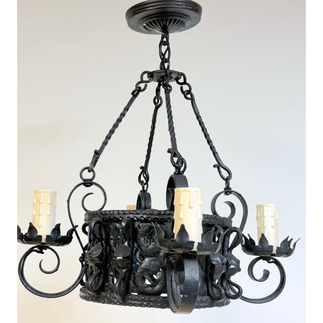 Addison Mizner Style Spanish Colonial Wrought Iron Four-Light Chandelier For Sale - Image 12 of 18