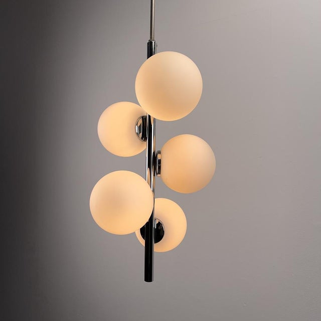 Chrome-Plated Elongated Pendant Light with Five White Opal Glass Spheres, Germany, 1970s For Sale - Image 6 of 8