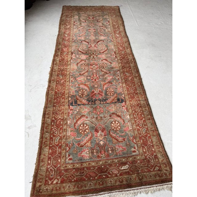 Textile 1940s Muted Herati Runner Slate Blue Soft Plush Pile Rug 3.6 x 10 For Sale - Image 7 of 11