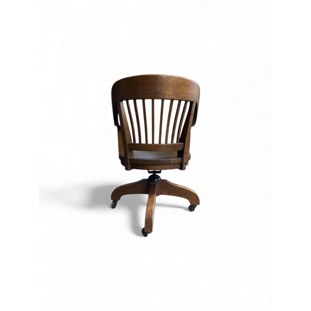 Arts & Crafts Early 20th-C. Bank of England Gunlocke Oak Tilting Rolling Banker’s Office Desk Chair For Sale - Image 3 of 6