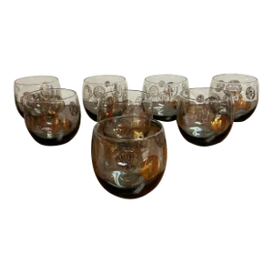 Vintage 1960s Rounded Lowball Cocktail Glasses With Painted Golden Motif Set of 8