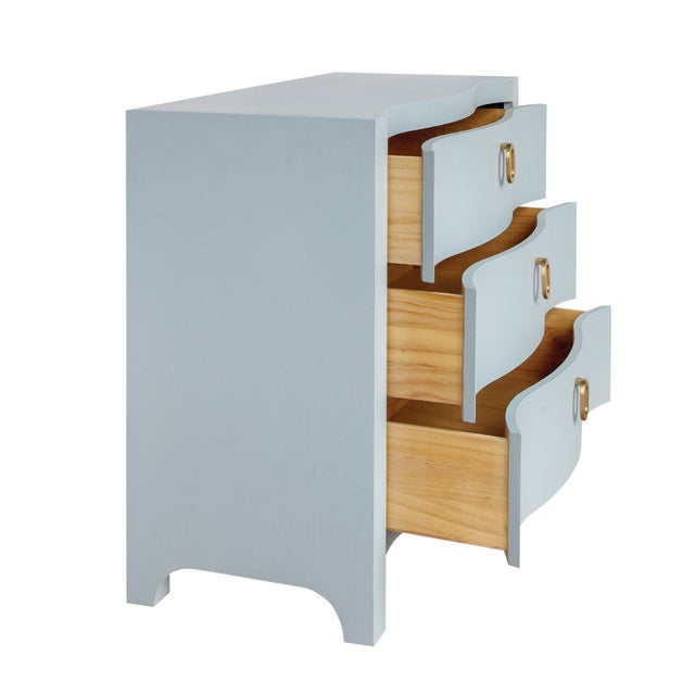 Worlds Away Matthew Izzo Home - Cora Light Blue Three Drawer, Textured Linen, Curved Front Chest With Brass Drawer Pulls For Sale - Image 4 of 8
