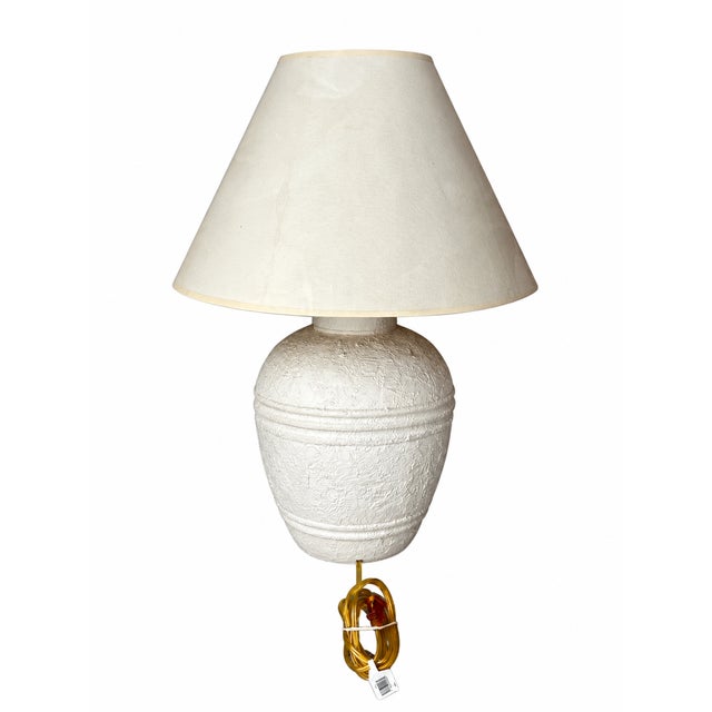Contemporary 1980s White Textured Urn Table Lamp With Raised Bands and Cream Empire Shade For Sale - Image 3 of 9