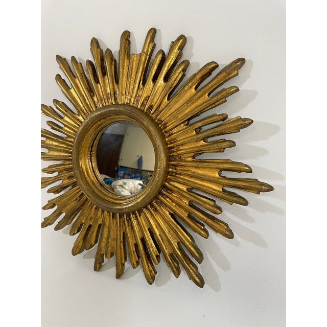 Gold Vintage 1970s French Gilded 13.5" Sunburst Wall Mirror For Sale - Image 8 of 18