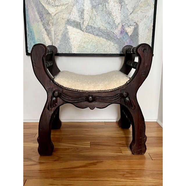 Rustic Carved Wood Bench in Ivory Boucle by Pierre Frey, Mexico, C. 1960's For Sale - Image 13 of 13