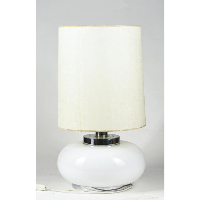 Glass Italian Table Lamp with Chromed Metal Base and White Milk Glass & Fabric Lampshade, 1960s For Sale - Image 7 of 9