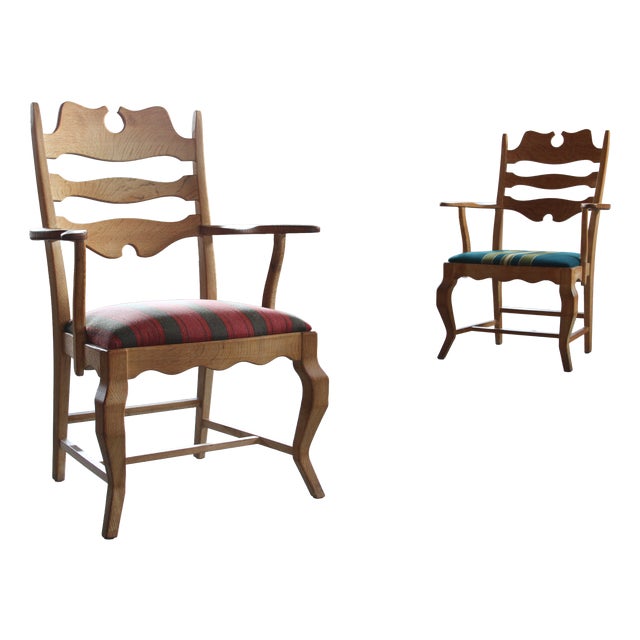 Vintage Brutalist Oak Razorblade Armchairs attributed to Henning Kjærnulf, 1960s, Set of 2 For Sale