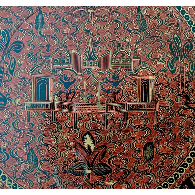 Paint Early 20th Century Antique Burmese Lacquerware Plate of Palace With Animals in Medallions For Sale - Image 7 of 7