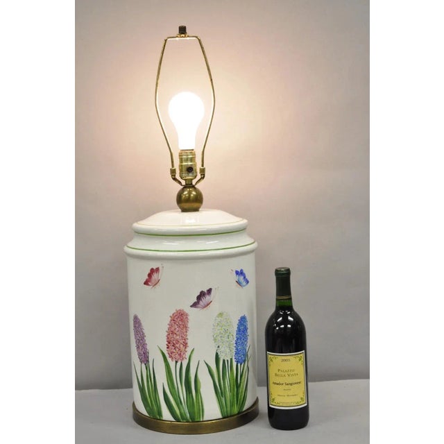 Vintage Paul Hanson French Country Crackle Glazed Porcelain Jardiniere Butterfly & Flower Table Lamp. Circa Late 20th...