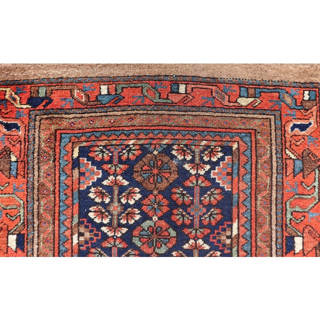 Brick Red Antique Persian Kurdish Rug With Diamond Medallion and Deep Navy Field 3'8 X 6'10 For Sale - Image 8 of 13