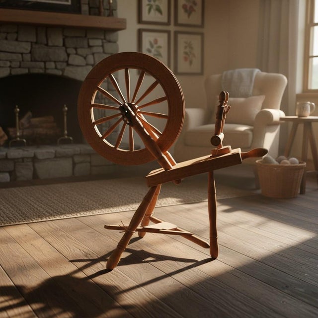 Handcrafted spinning wheels like this were essential household tools in early America, commonly produced in the late 18th...