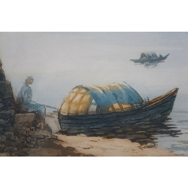 Brown Antique French Paul Prud'homme Signed Coastal Stone Arch Lake Boat Etching 32" For Sale - Image 8 of 13