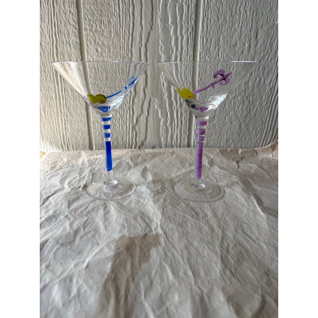 Late 20th Century Hand Painted Martini Glasses with Olive & Fleur De Lis Design, Blue and Purple Stems - Set of 2 For Sale In Indianapolis - Image 6 of 9