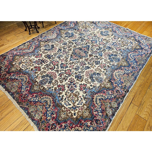 Ivory Vintage Kerman Rug, Hand-Knotted Wool, Allover Floral Pattern, Ivory & Blue, 9x12 For Sale - Image 8 of 17