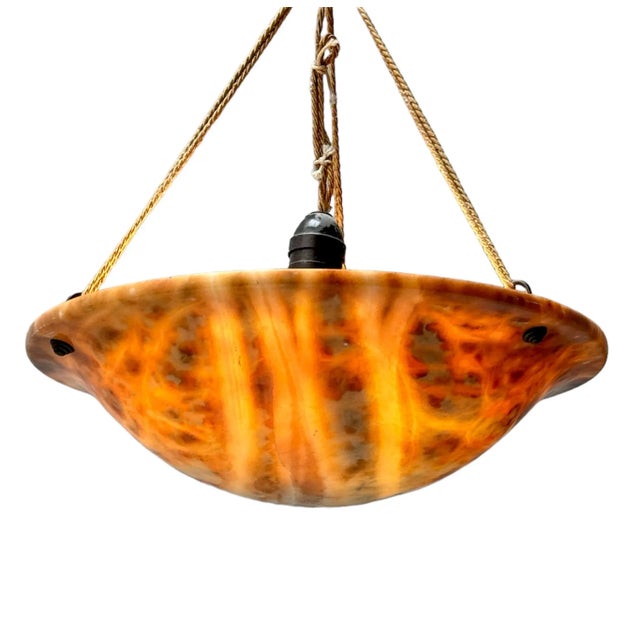 Stunning and rare Art Nouveau pendant light. Striking Dutch design from the 1900s. Original multi-colored alabaster shade...