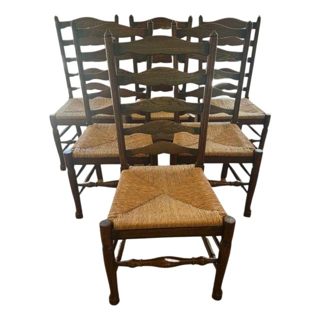Vintage Ladderback Side Dining Chairs With Rush Seats - Set of 6 For Sale