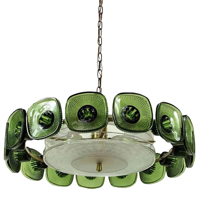 1960s, Brass Pendant in Clear and Green Crystal by Carl Fagerlund for Orrefors For Sale