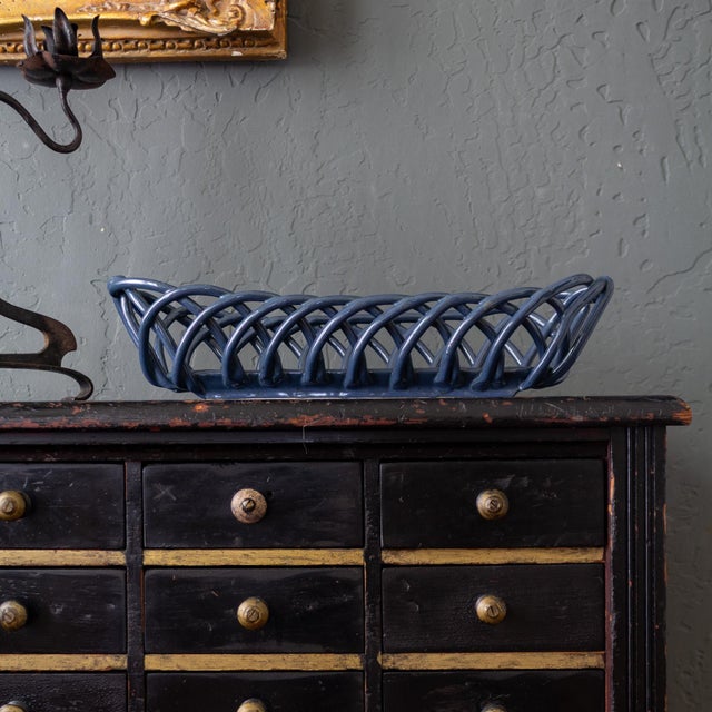 1970s Farmhouse Open Lattice Blue Ceramic Oval Bread Baguette Basket or Fruit Bowl For Sale - Image 10 of 10