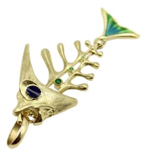 1960s 18k Gold Articulated Fishbone Skeleton Pendant With Enamel by UnoAErre