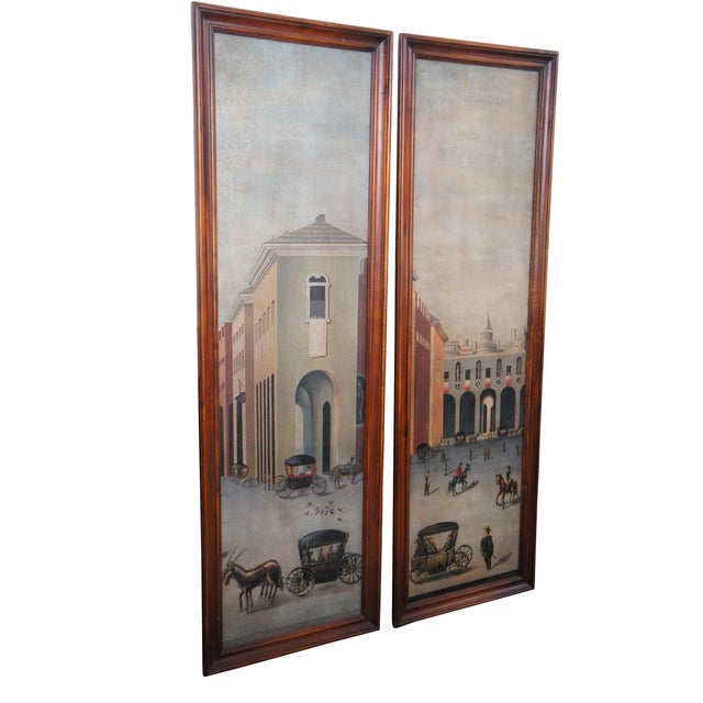 Early 21st Century Pair of Theodore Alexander Oil Paintings on Panel. Features a European plaza with horse and carriages...