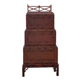 1970s British Colonial Style Scorched Bamboo Stacked Secretary/Bar Cabinet For Sale