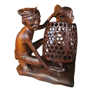 Large 8.5" Mid-Century Balinese Teak Cockfighter With Tripple-Rooster Openwork Cage Masterwork For Sale