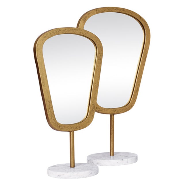 Contemporary Matthew Izzo Home Large Micah Aged Gold Table Top Mirror on White Marble Base For Sale - Image 3 of 5