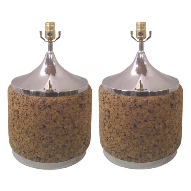 Laurel Lamp Company Mid-Century Chrome and Cork Table Lamps-A Pair For Sale - Image 4 of 4