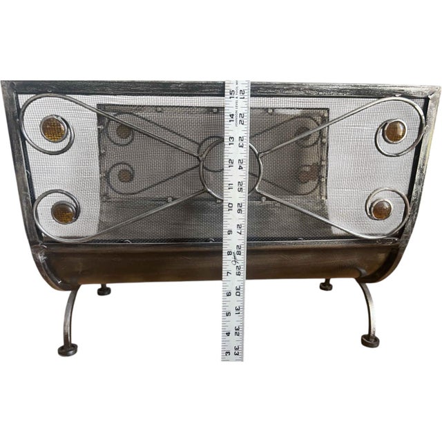 Amber Art Deco Style Silver Toned Metal Mesh Firewood Holder Scrolling Metal Amber Glass Medallions For Sale - Image 8 of 9