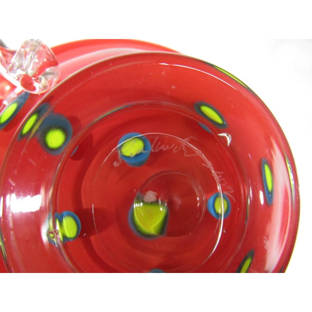 2002 Signed Hand-Blown Art Glass Double-Handled Cup Small Bowl - Bright Red With Yellow Polka Dots For Sale - Image 10 of 10