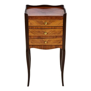 French Kingwood Mahogany with Veneer Inlay Three Drawer Bedside Chest Raised Gallery Original Brass Pulls For Sale