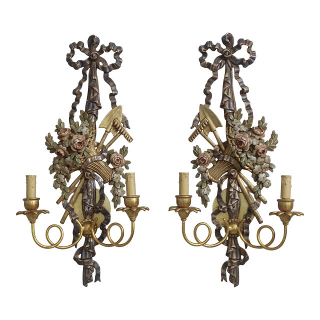 Pair Country French Paint Decorated Candelabra Sconces For Sale