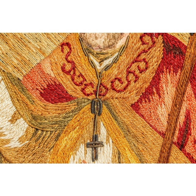 Rare Hand Made Antique Religious Devotional Textile Artwork 19th Century Religious Silkwork Catholic Bishop Saint Home Wall Decor For Sale - Image 4 of 18